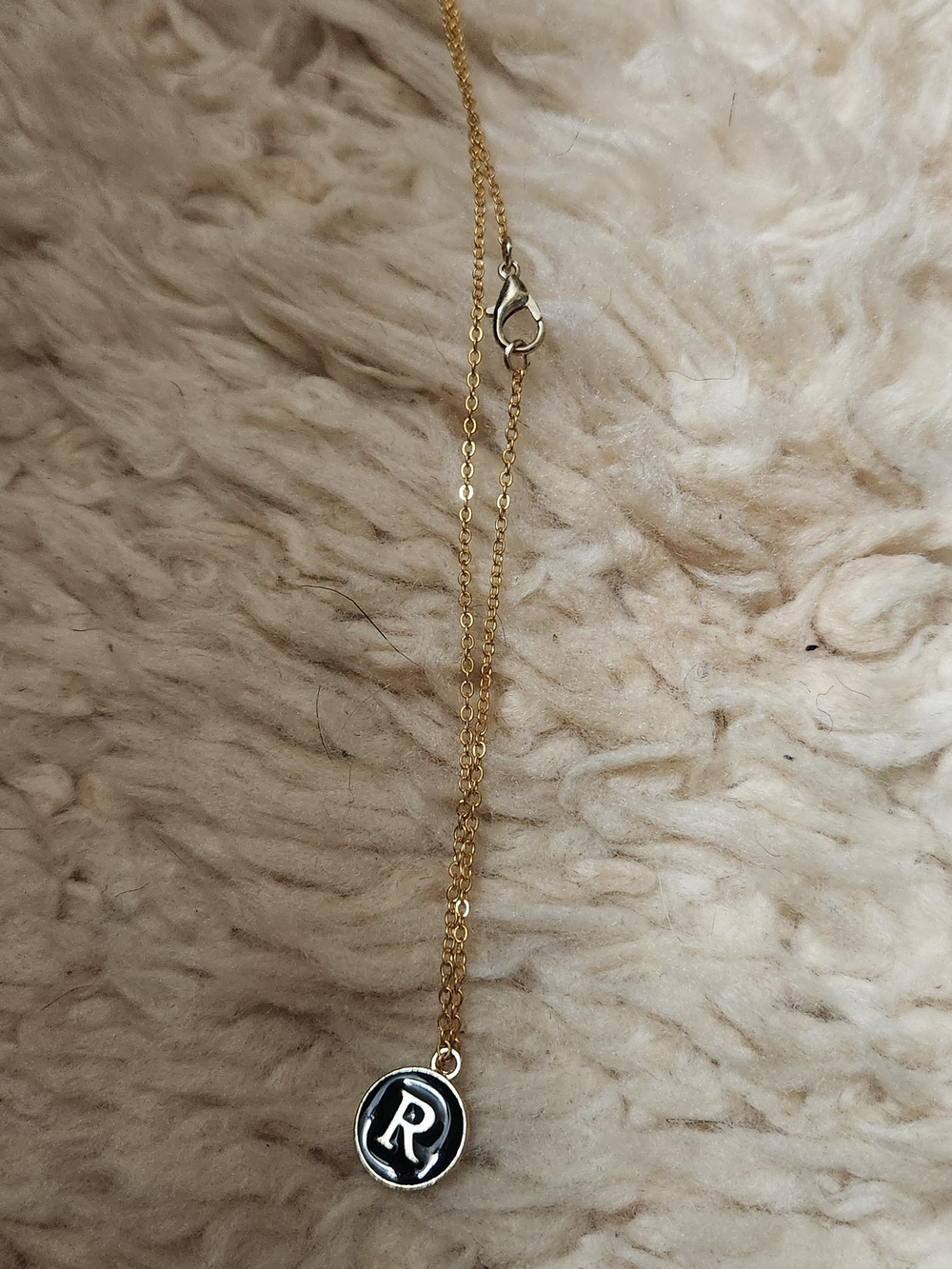 Gold Chain Necklace with Black Initial 'R' Pendant